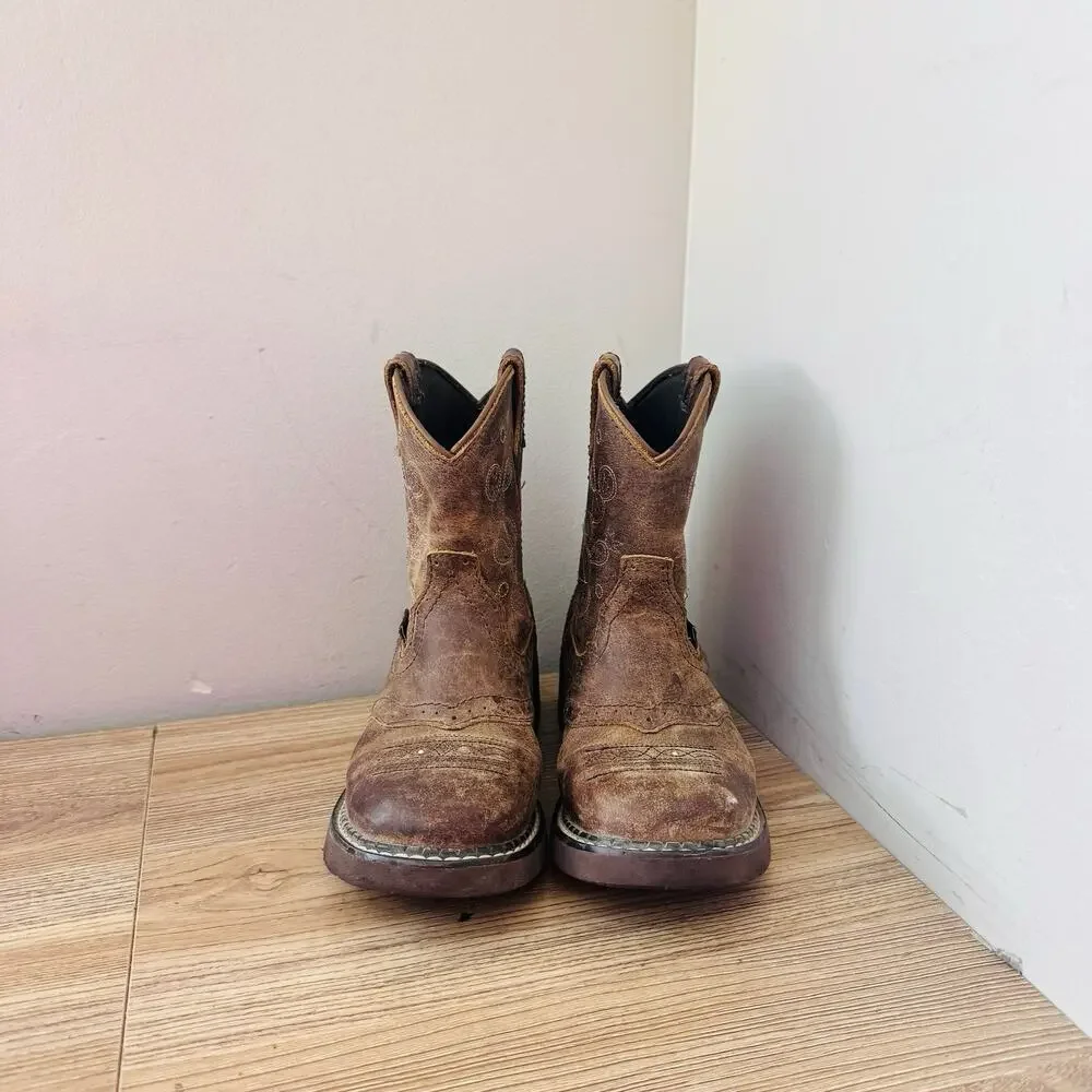 Justin Glitzi Light Up Round Toe Brown Leather Western Boots Girls Size 1